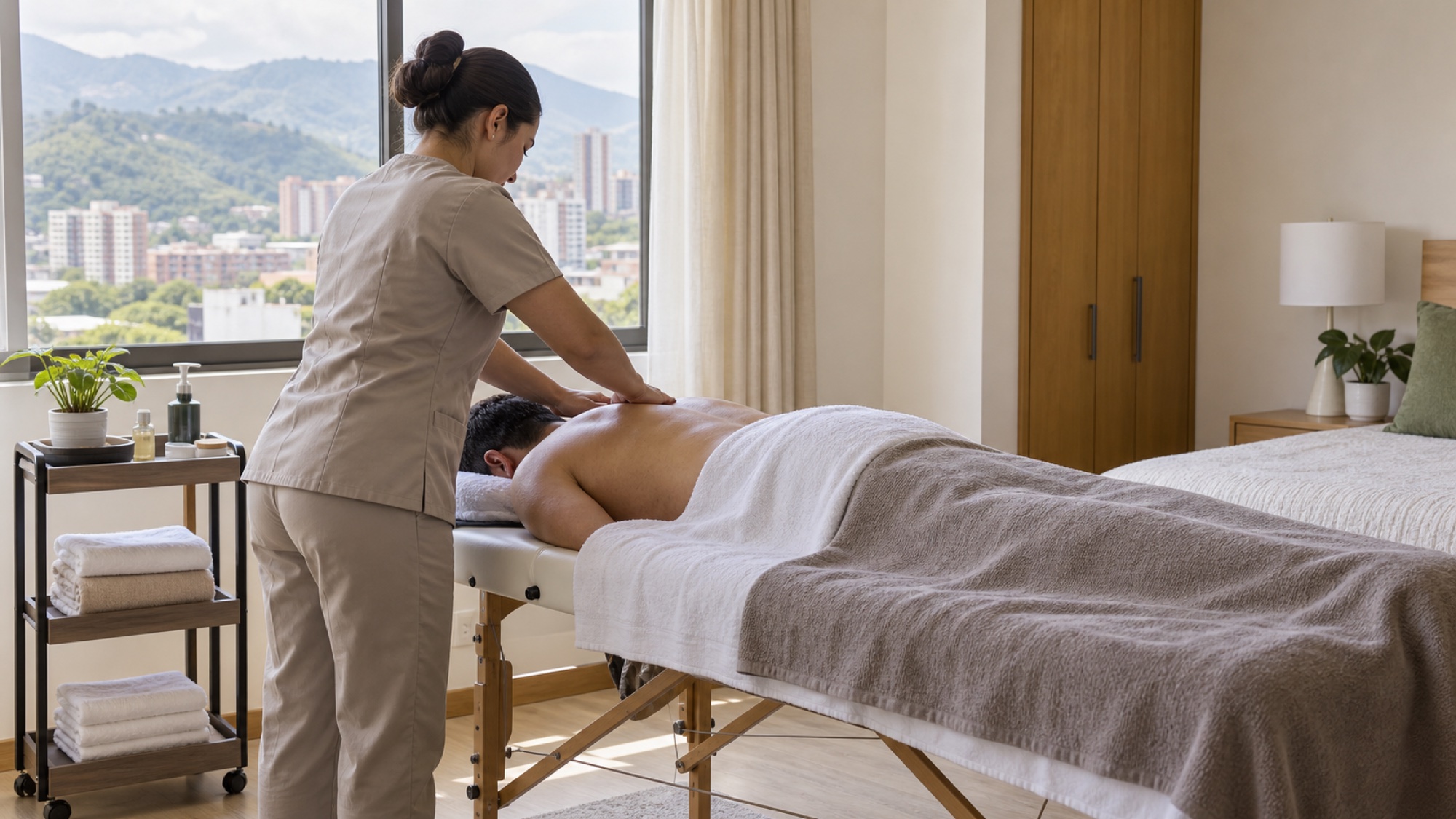 Servicio profesional de masaje con camilla portátil en un alojamiento genérico de Medellín