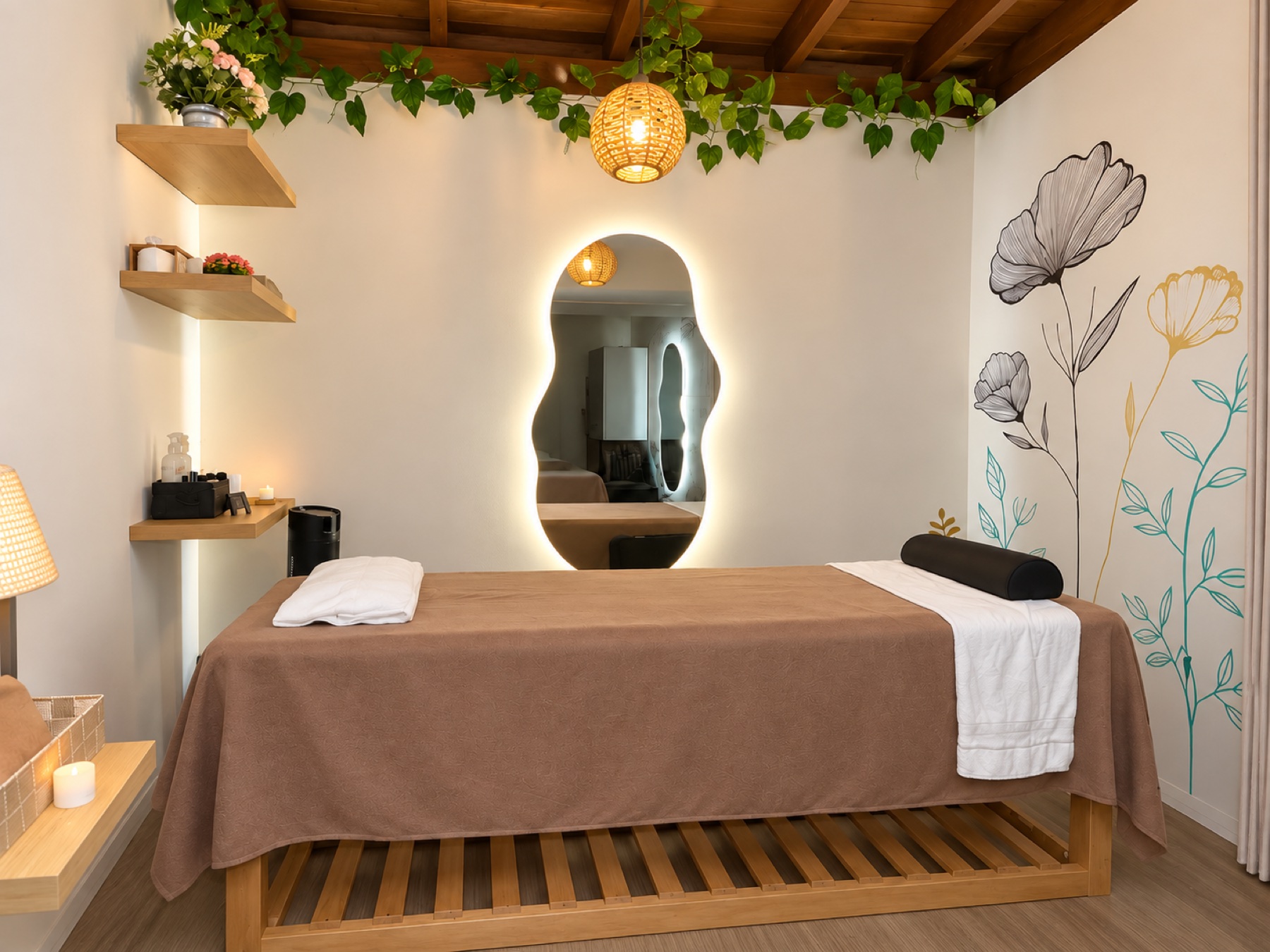 Sala de masajes de Relax at Home en El Poblado, con luz cálida, madera y vegetación